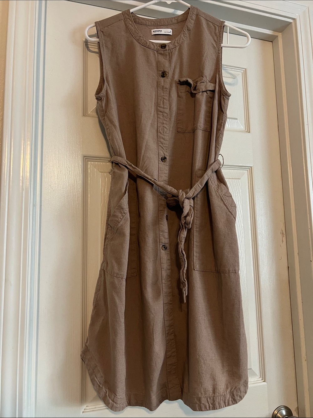 Sonoma Taupe Sleeveless Button-Front Midi Dress with Tie Belt